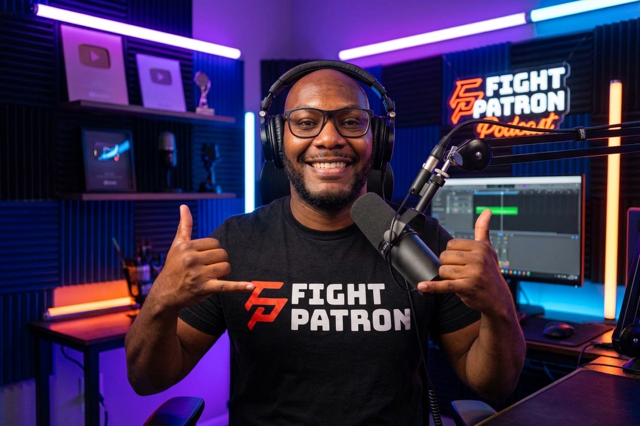 Eric Abrom in the Fight Patron podcast studio, wearing headphones and giving shaka signs
